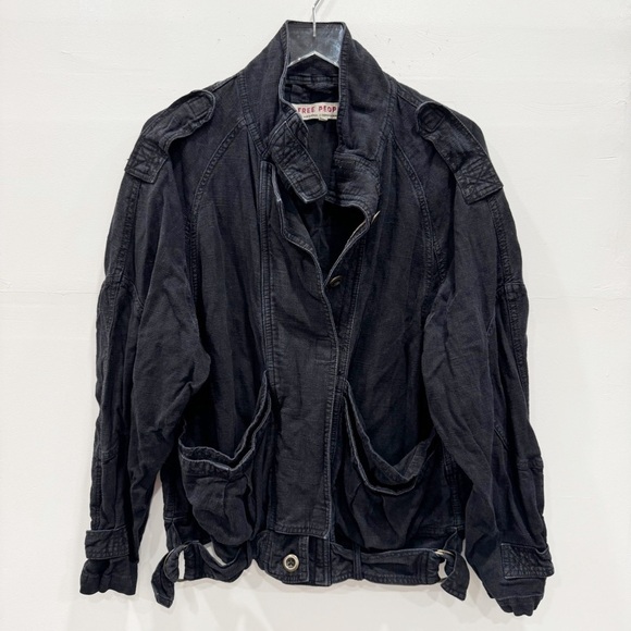 Free People Jayde Safari Linen Blend Jacket Black Medium - Picture 1 of 12
